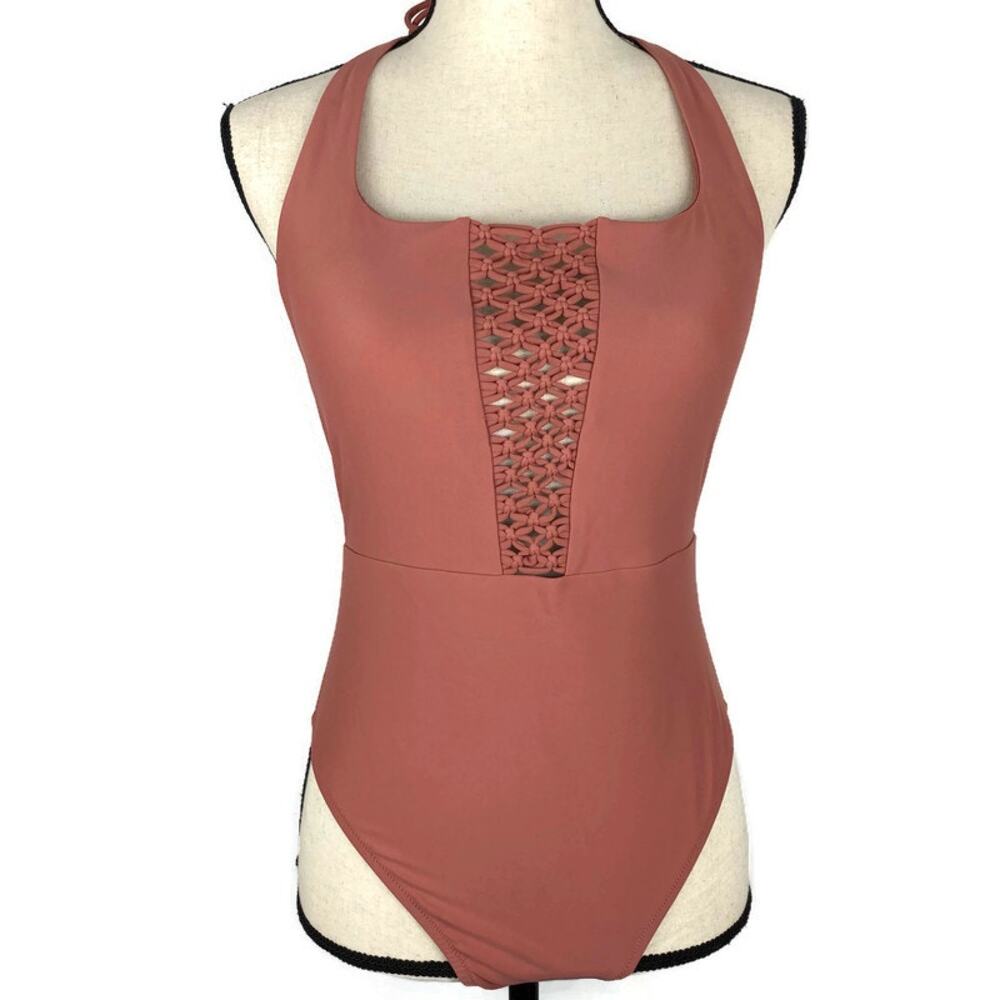 Aerie Macrame Swimsuit One Piece Halter Padded Mauve Womens Sz Med